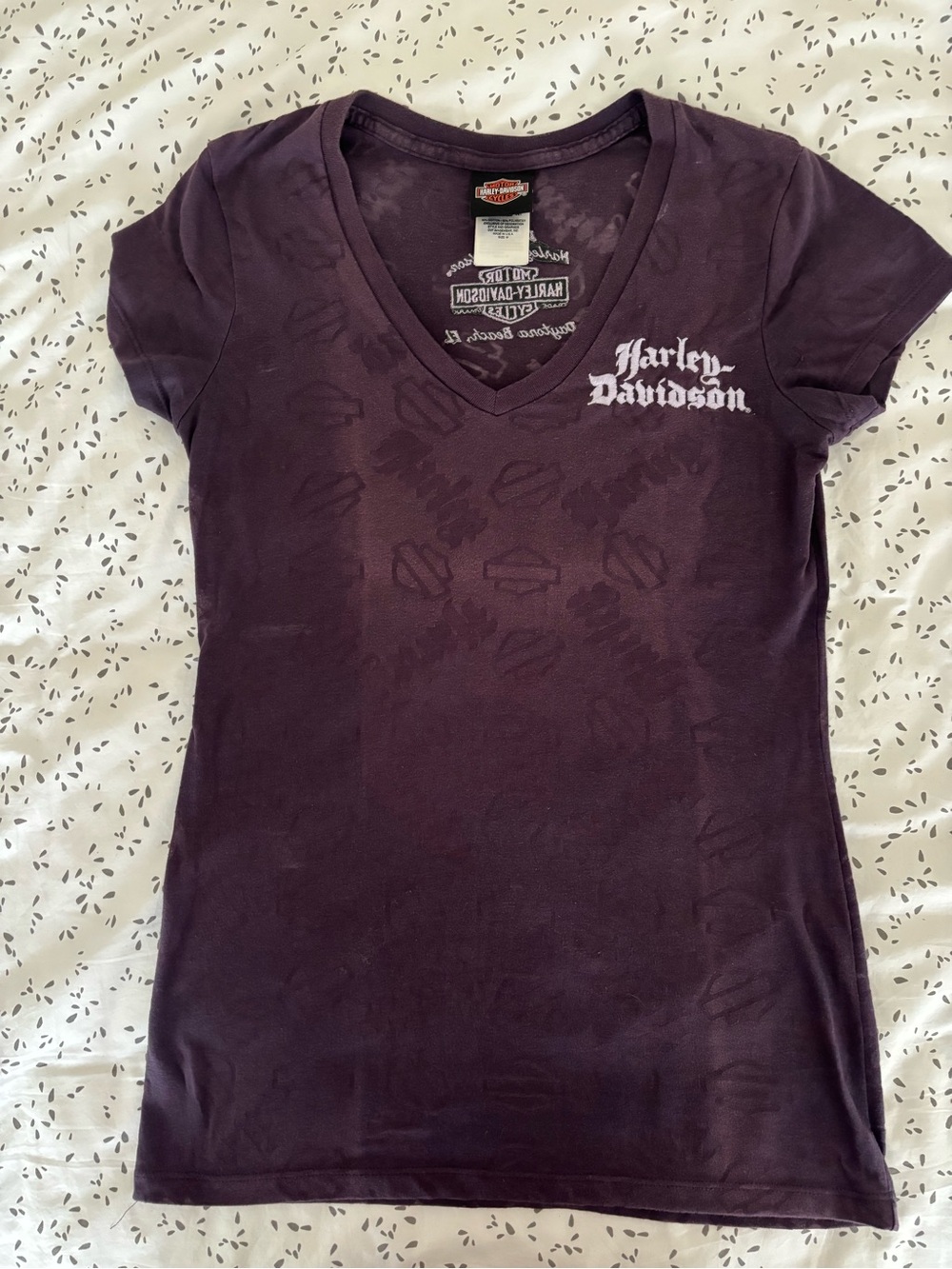 Harley-Davidson Purple V-neck Tee with Orange Logo Tag